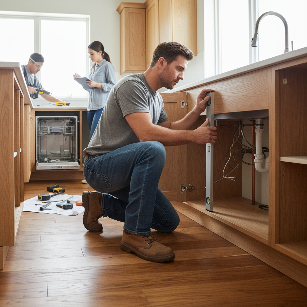Contractor assessing kitchen structure with level and measuring tools, checking cabinets and plumbing for upgrade compatibility