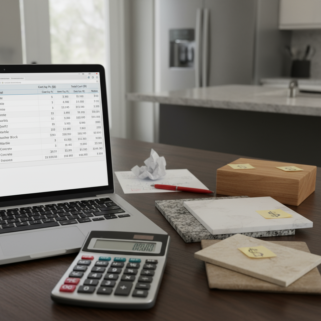 Calculator and budget spreadsheet next to countertop samples, showing cost comparison calculations for different materials