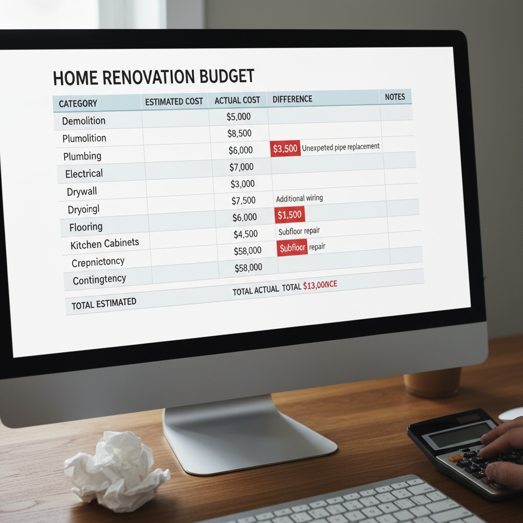 Budget spreadsheet with unexpected costs highlighted, showing renovation expenses exceeding initial estimates