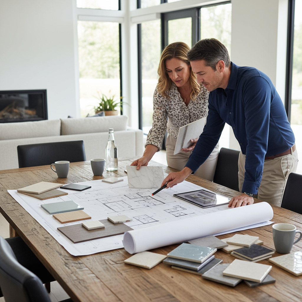 Kitchen designer consulting with homeowners, pointing at design plans and material swatches laid out on a table