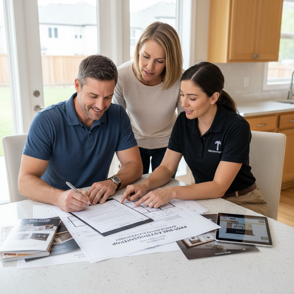 Homeowner signing a contract with a countertop installer, showing paperwork and discussion about terms and guarantees