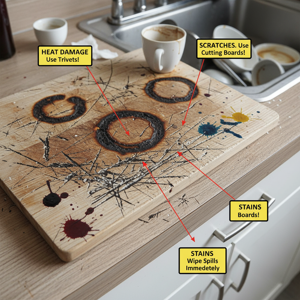 Damaged countertop showing heat rings, scratches, and stains from improper care, with warning labels pointing to each type of damage