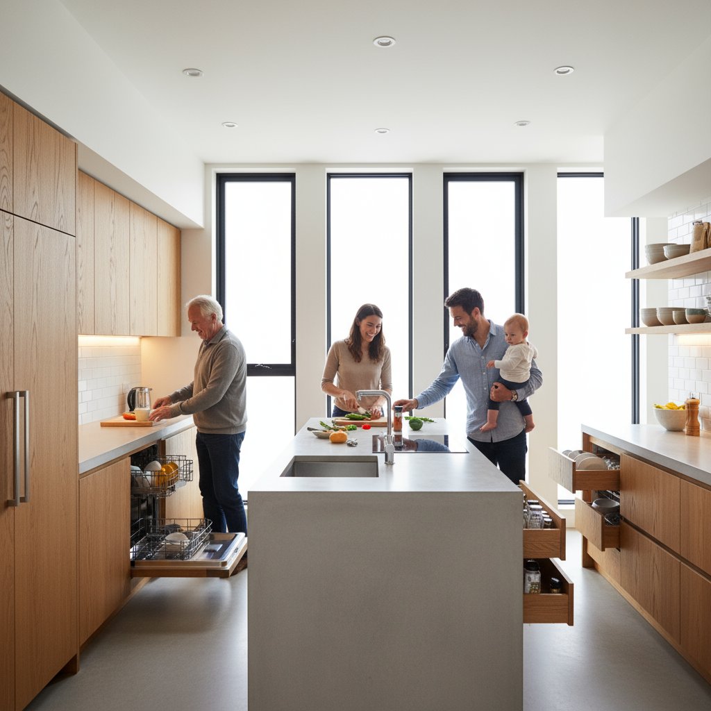 Family using a well-designed kitchen with proper workflow, adequate lighting, and ergonomic features showing good design principles