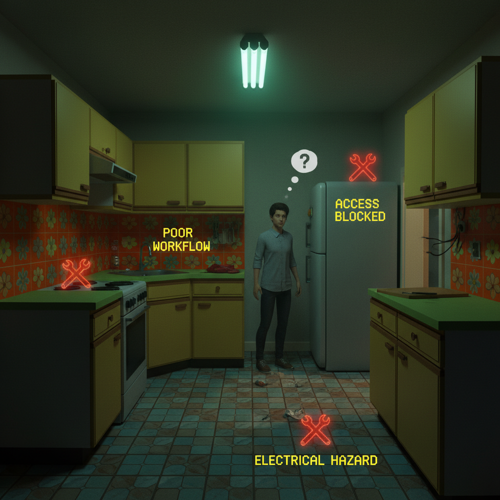 Poorly designed kitchen layout showing cramped workspace, mismatched colors, and poor lighting with error indicators