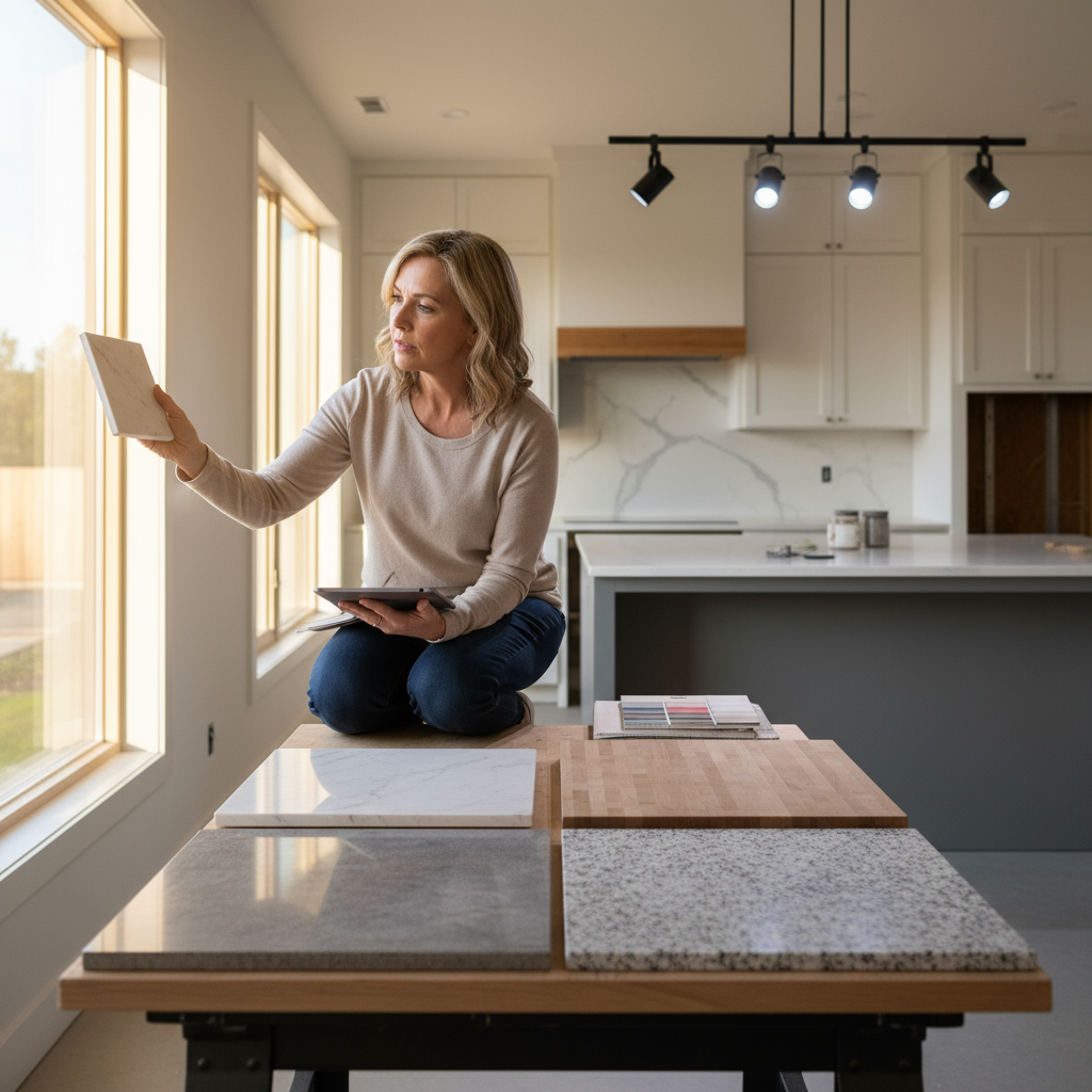 Homeowner testing countertop materials under different lighting conditions, comparing samples in natural and artificial light