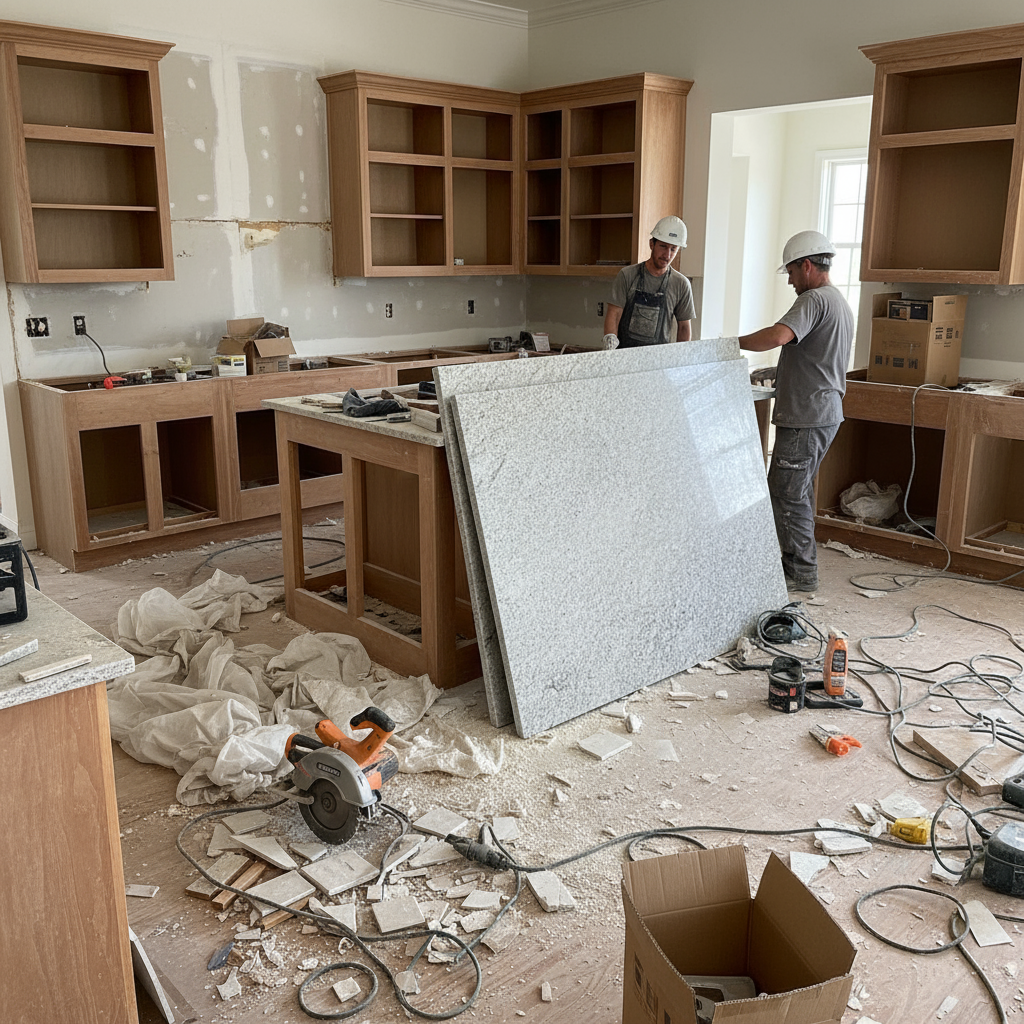 Messy kitchen site with debris and unprotected cabinets during countertop installation