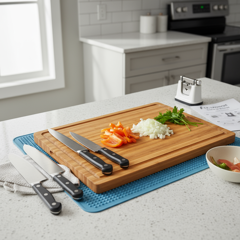 Cutting board placed on a countertop with knives and food prep items, showing proper food preparation techniques to avoid damage