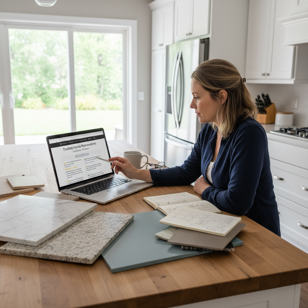 Homeowner reviewing customer reviews on a laptop while sitting in a kitchen with various countertop samples