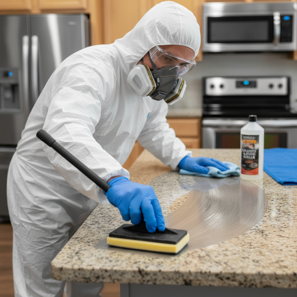 Professional applying sealant to a countertop, showing proper sealing technique with tools and protective gear