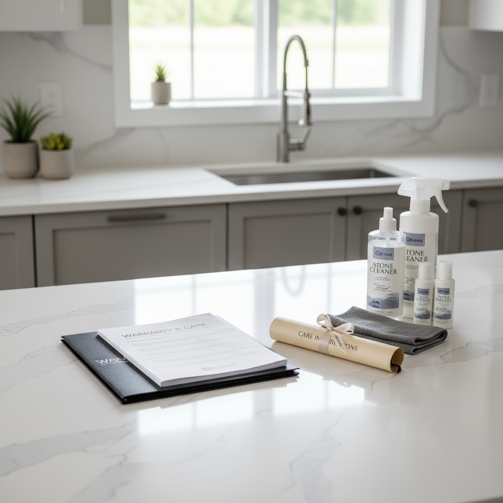 Completed countertop installation with warranty paperwork, cleaning supplies, and care instructions ready for homeowners